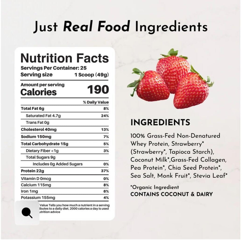 JUST INGREDIENTS Strawberries & Cream powder packaging closeup highlighting quality