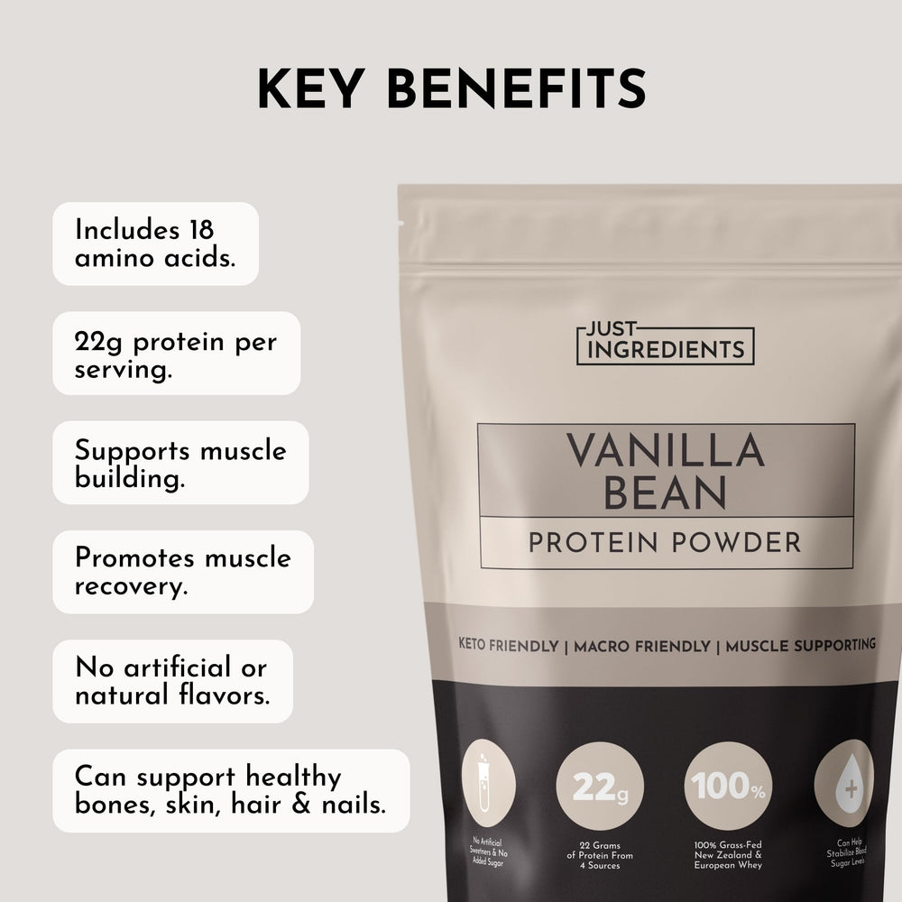 JUST INGREDIENTS Vanilla Bean Protein Powder label highlights grass-fed whey and plant proteins