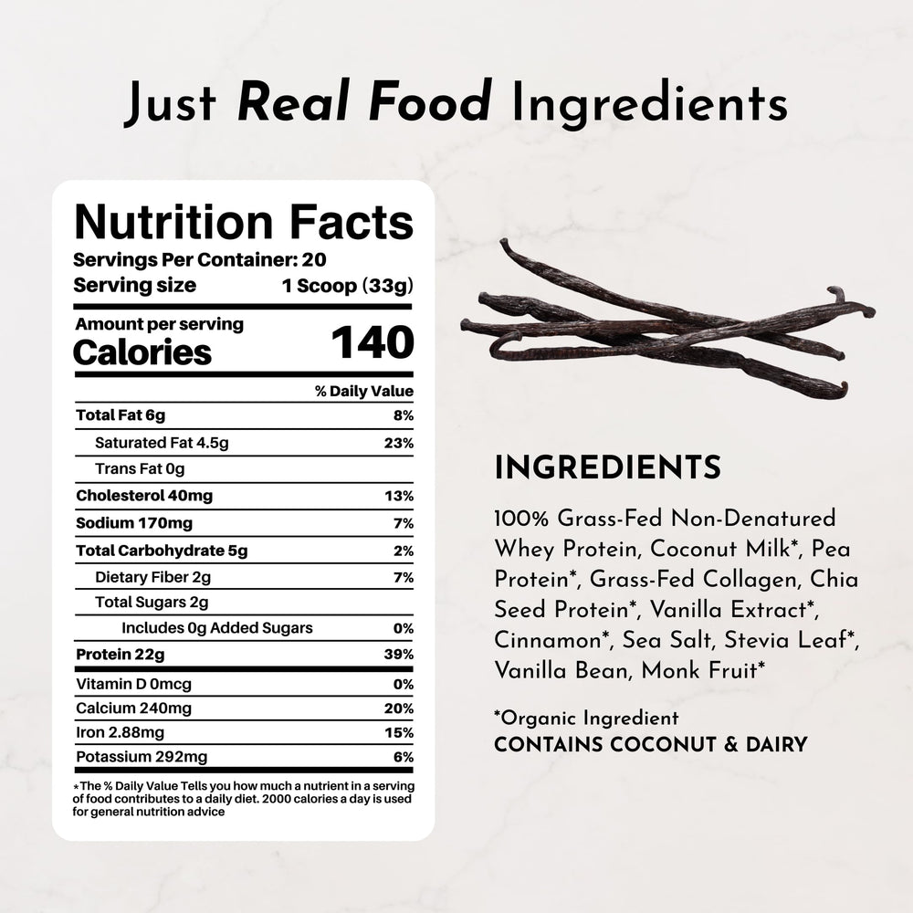 JUST INGREDIENTS Vanilla Bean Protein Powder tub open showing transparent label and clean nutrition