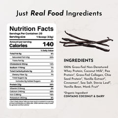 JUST INGREDIENTS Vanilla Bean Protein Powder tub open showing transparent label and clean nutrition