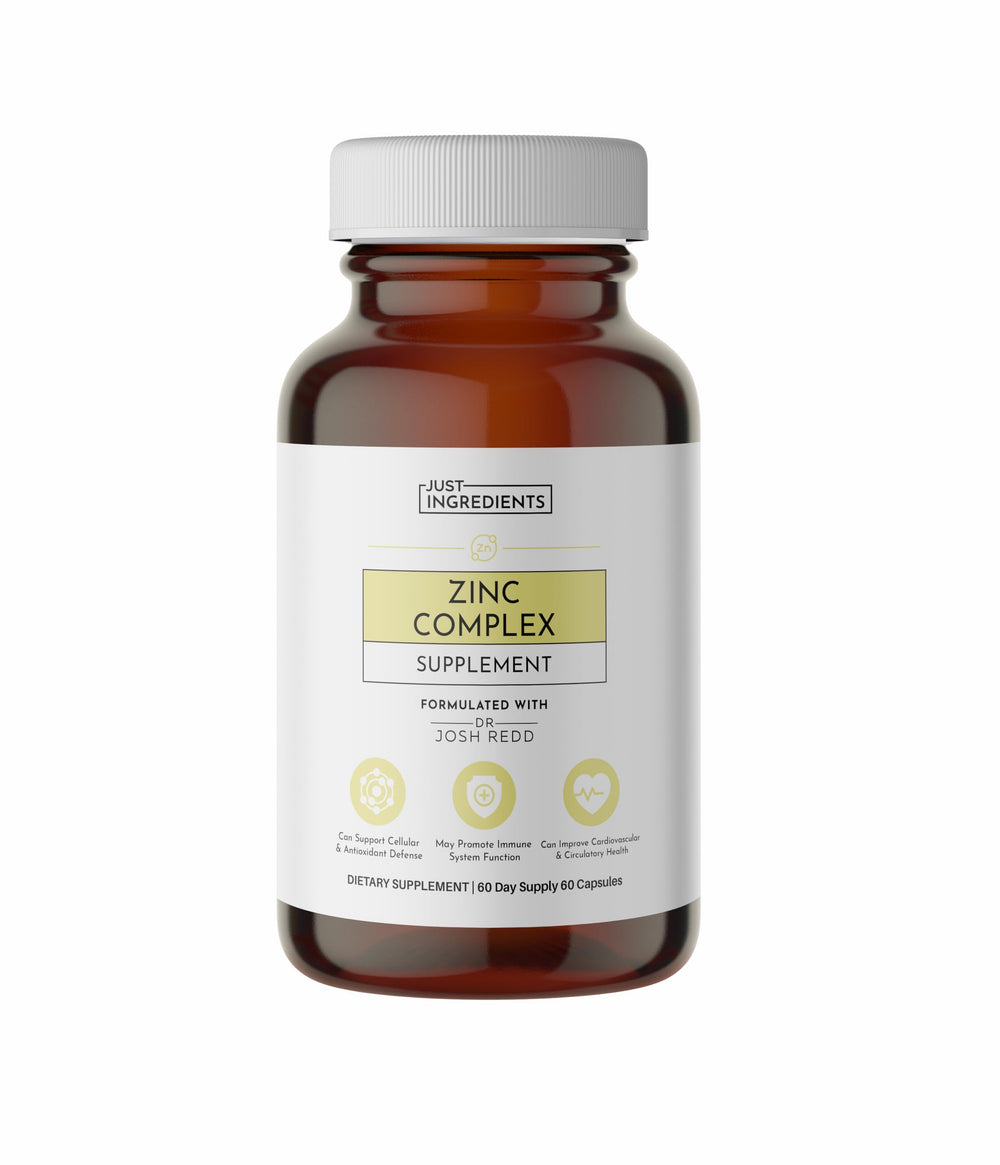 Just Ingredients Zinc Complex bottle front with capsules for daily immune and energy support.