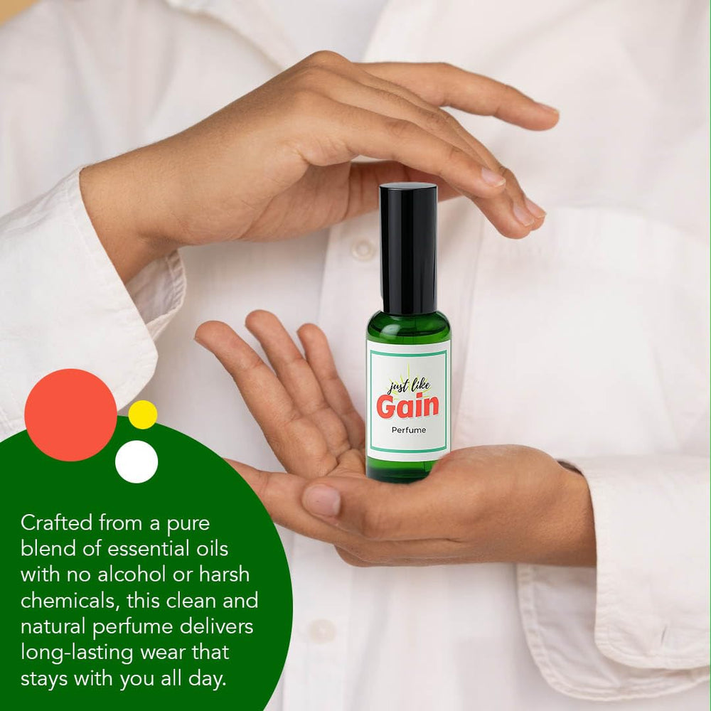 Just Like Gain glass bottle with label communicates clean, laundry-inspired scent.