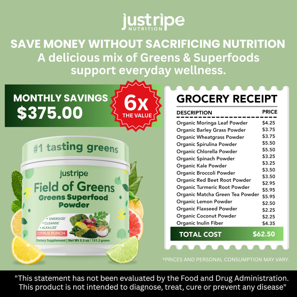 Green Field of Greens powder bottle highlighting plant based nutrition.