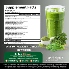 Just Ripe Field of Greens spirulina and chlorella powder blend for plant-based nutrition.
