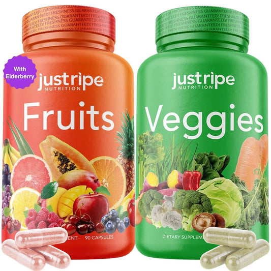 Just Ripe Nutrition fruits and veggies capsules in a green bottle support daily energy.