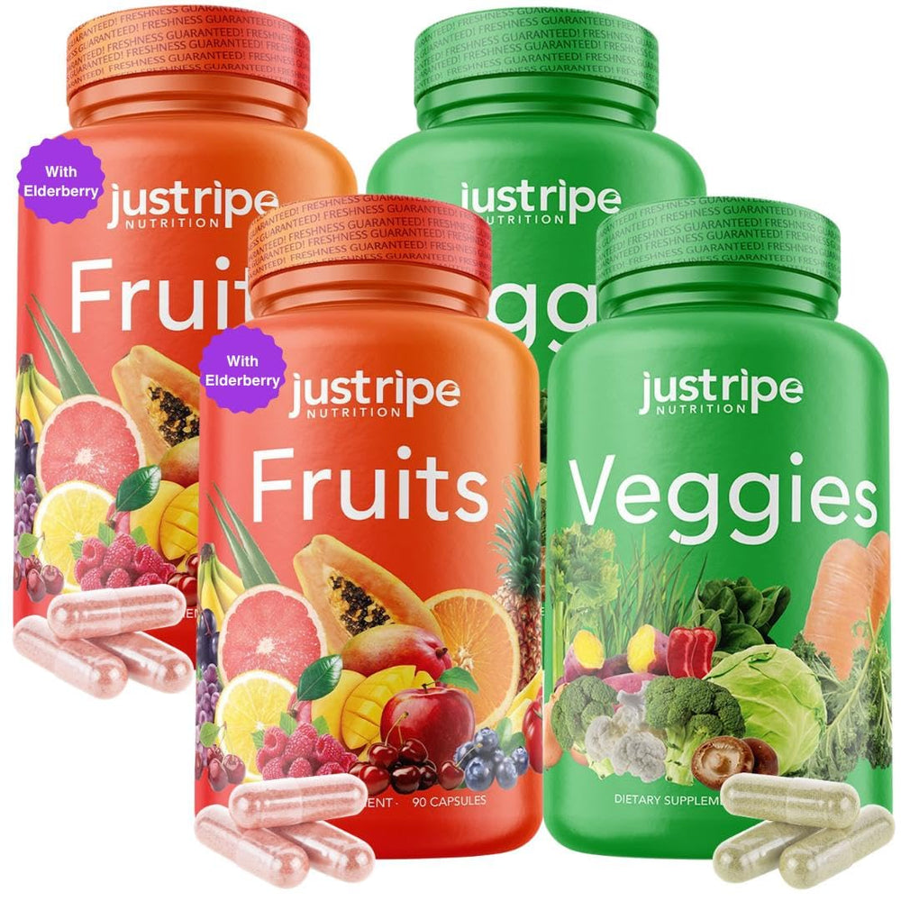 Just Ripe Nutrition fruits and veggies capsules bottle for daily energy support.