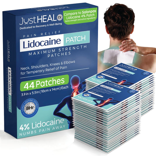 JustHeal RX lidocaine patch box front for fast, targeted pain relief