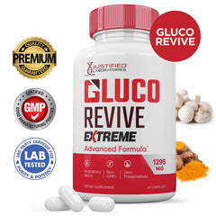 Justified Gluco Revive Extreme bottle label showing vitamins and natural ingredients for balance.