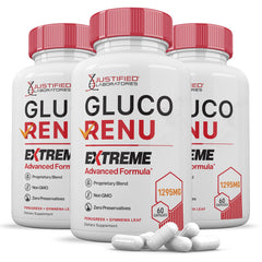 Justified Laboratories Gluco Renu Extreme bottle showing 1295mg blend for overall wellness
