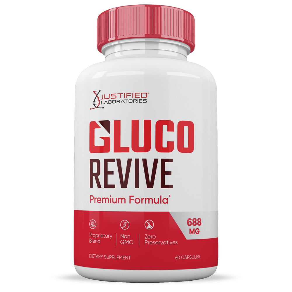Justified Laboratories Gluco Revive pills label displays clean premium details.
