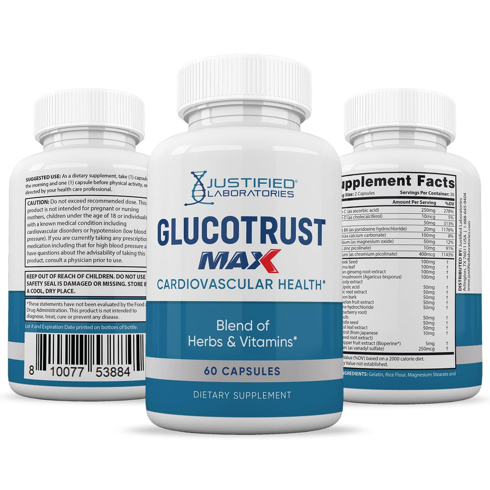 Justified Laboratories Glucotrust Max packaging emphasizes quality through GMP-inspired visuals