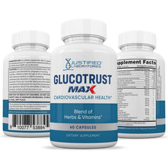 Justified Laboratories Glucotrust Max packaging emphasizes quality through GMP-inspired visuals