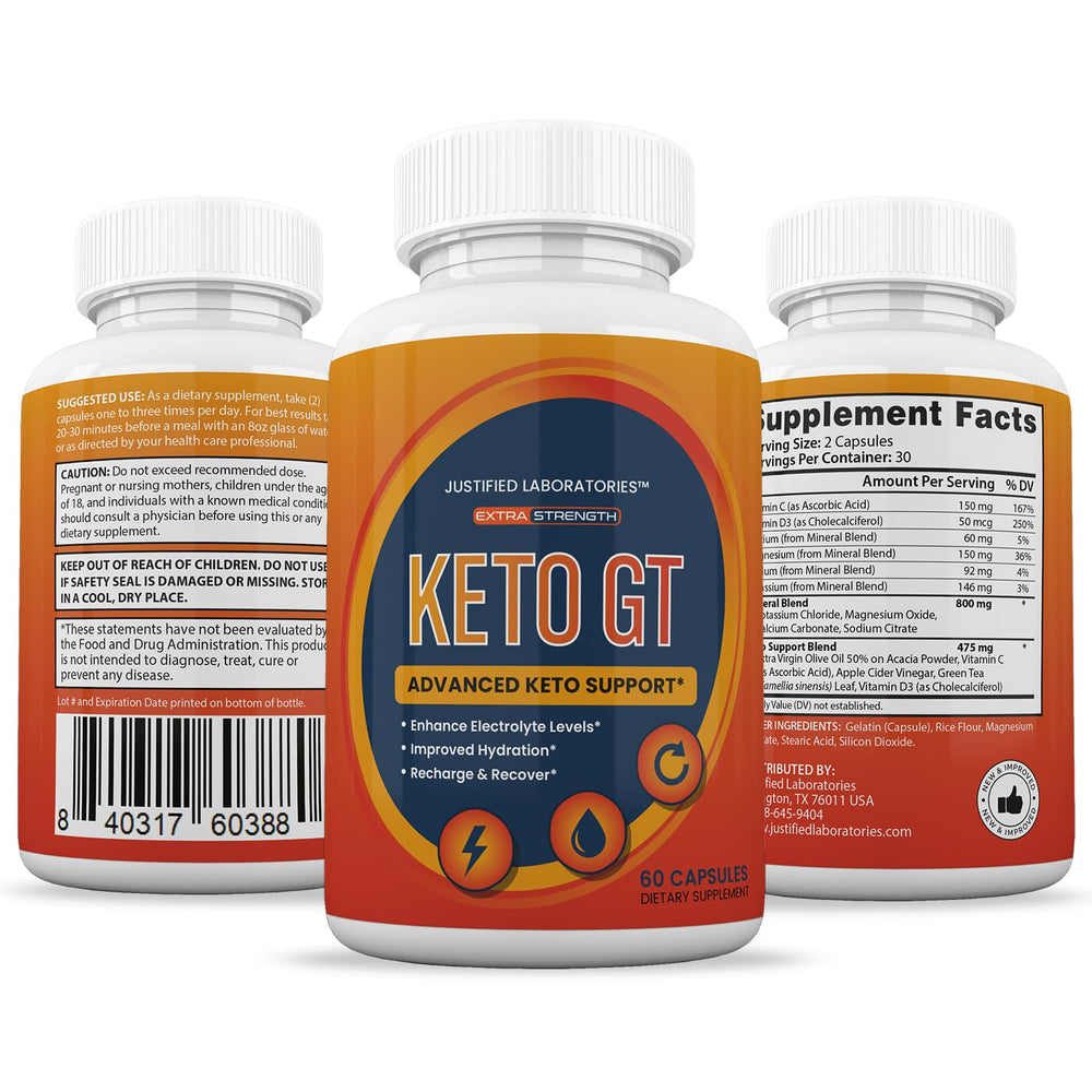 Justified Laboratories Keto GT bottle with label indicates 60 capsules for 30-day use.