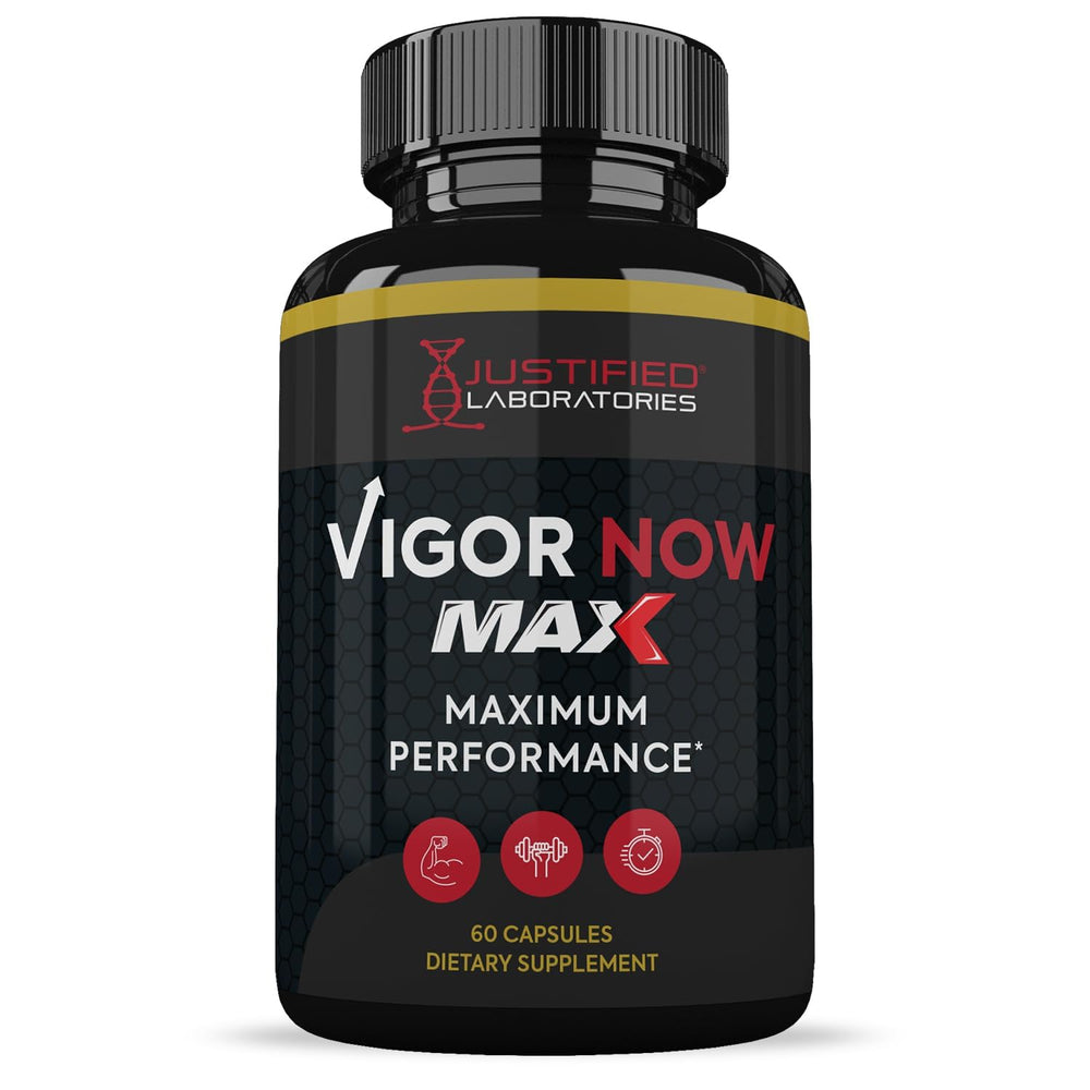 Justified Laboratories Vigor Now Max two-pack display highlighting convenient daily dosing.