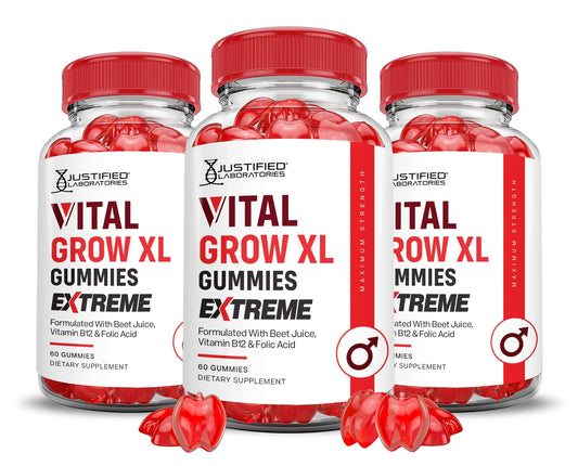 Justified Laboratories Vital Grow XL bottle front shows vegan gummies for daily nutrition.