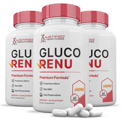 Justified Laboratories Gluco Renu bottle for daily wellness support.