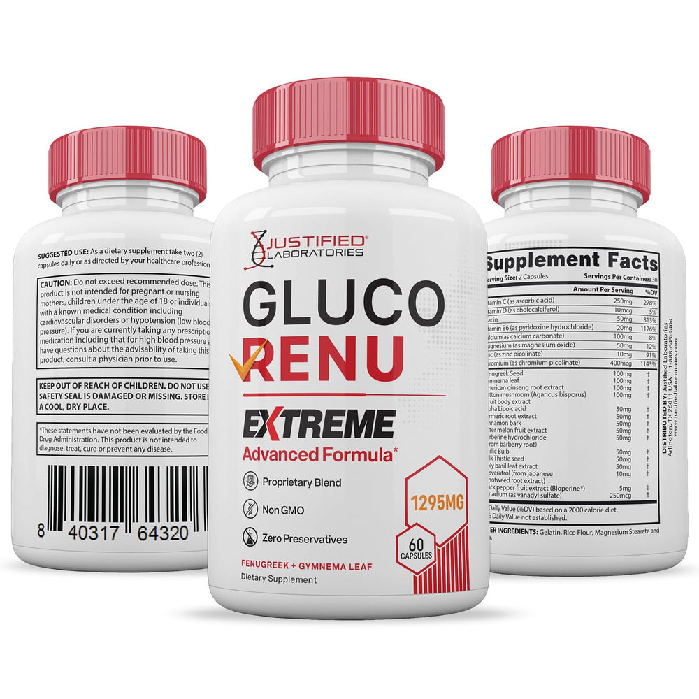Justified Laboratories Gluco Renu Extreme quick-dose setup beside water.