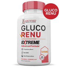 Justified Laboratories Gluco Renu Extreme bottle on kitchen counter for everyday use.