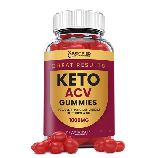Justified Labs Great Results Keto ACV Gummies bottle on a clean surface, convenient daily wellness.
