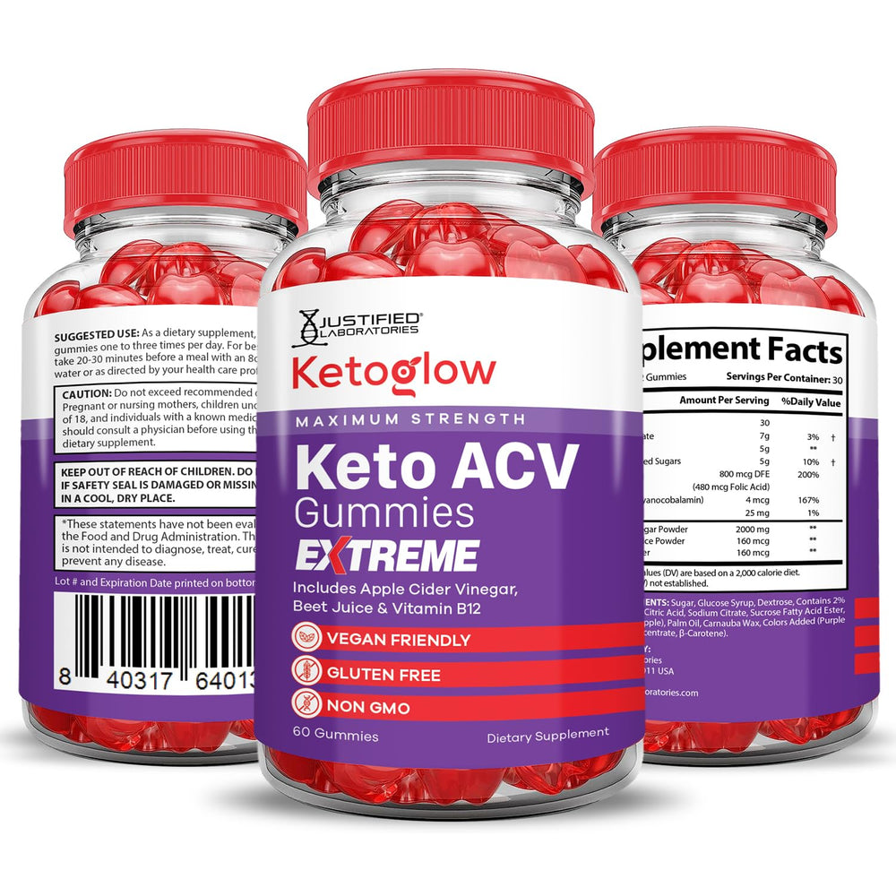 Justified Laboratories Keto Glow ACV Gummies package with label and ingredients.