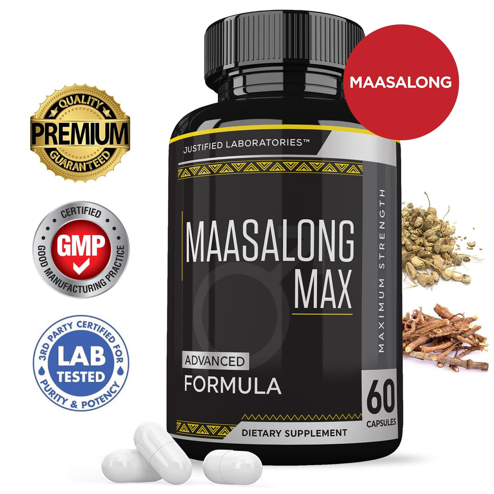 Justified Labs Maasalong Max capsules, easy daily use for energy and stamina support.