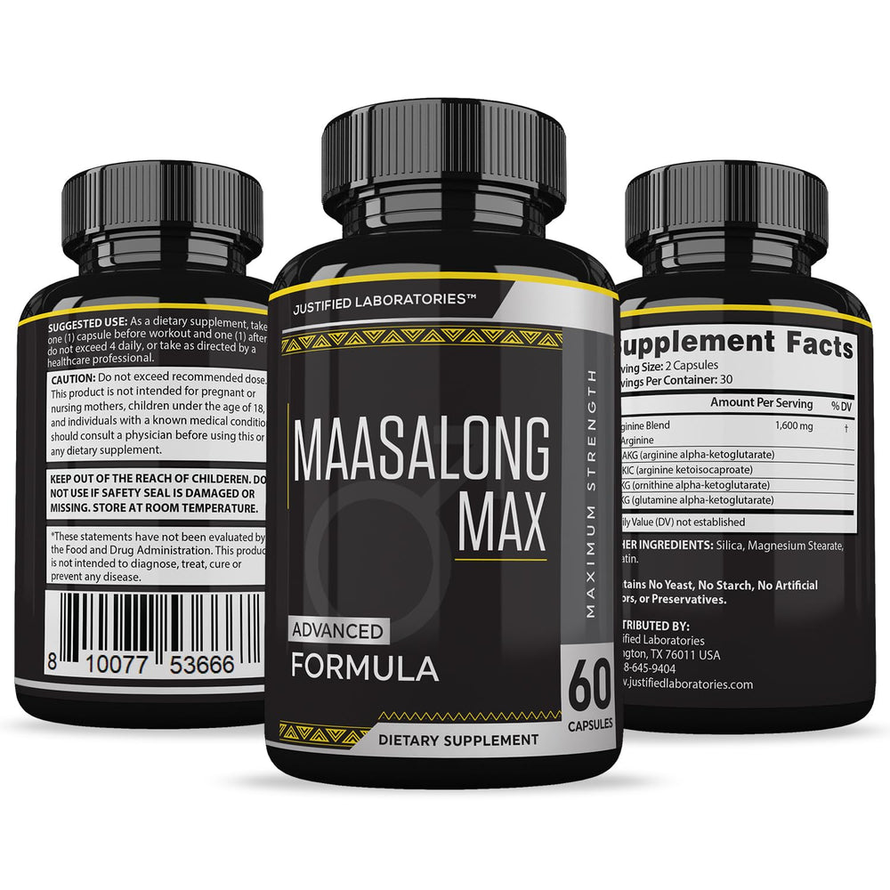 Multi-ingredient Maasalong Max blend image conveys a comprehensive approach to male vitality.