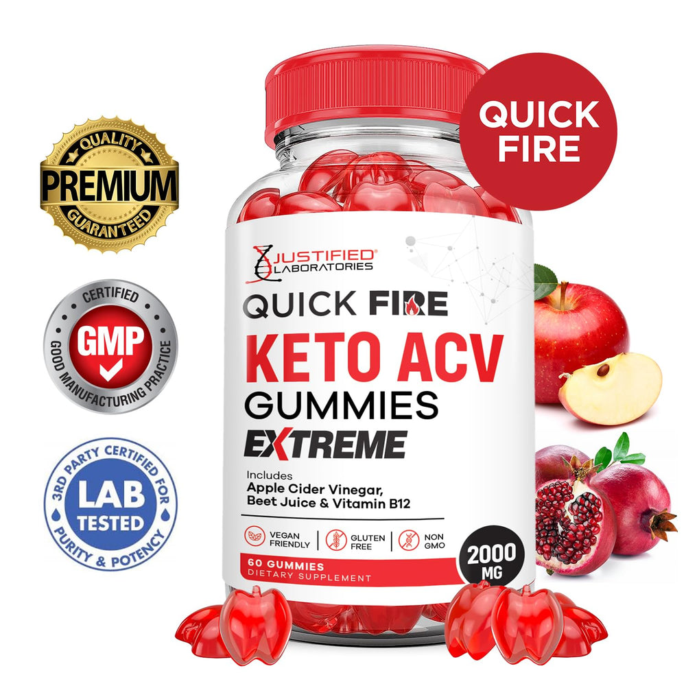 Justified Laboratories Quick Fire Keto Gummies bottle back shows vegan, non-GMO formulation.