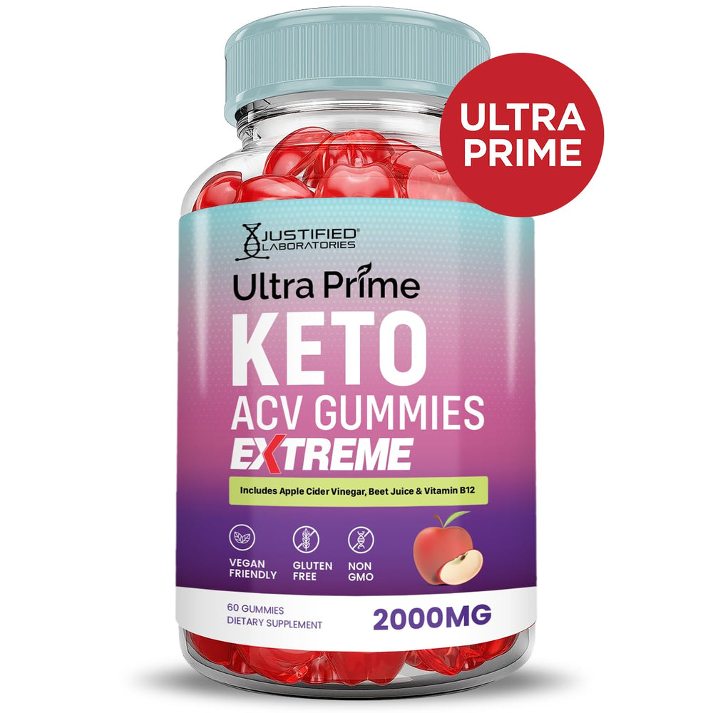Justified Laboratories Ultra Prime Keto ACV Gummies pomegranate blend close-up suggesting flavorful wellness