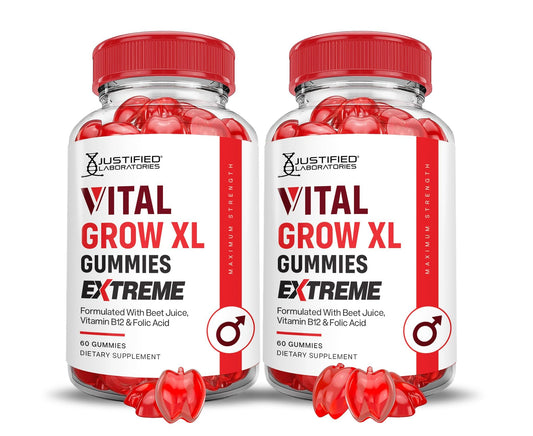 Justified Laboratories Vital Grow XL Extreme bottle with gummies for daily wellness.