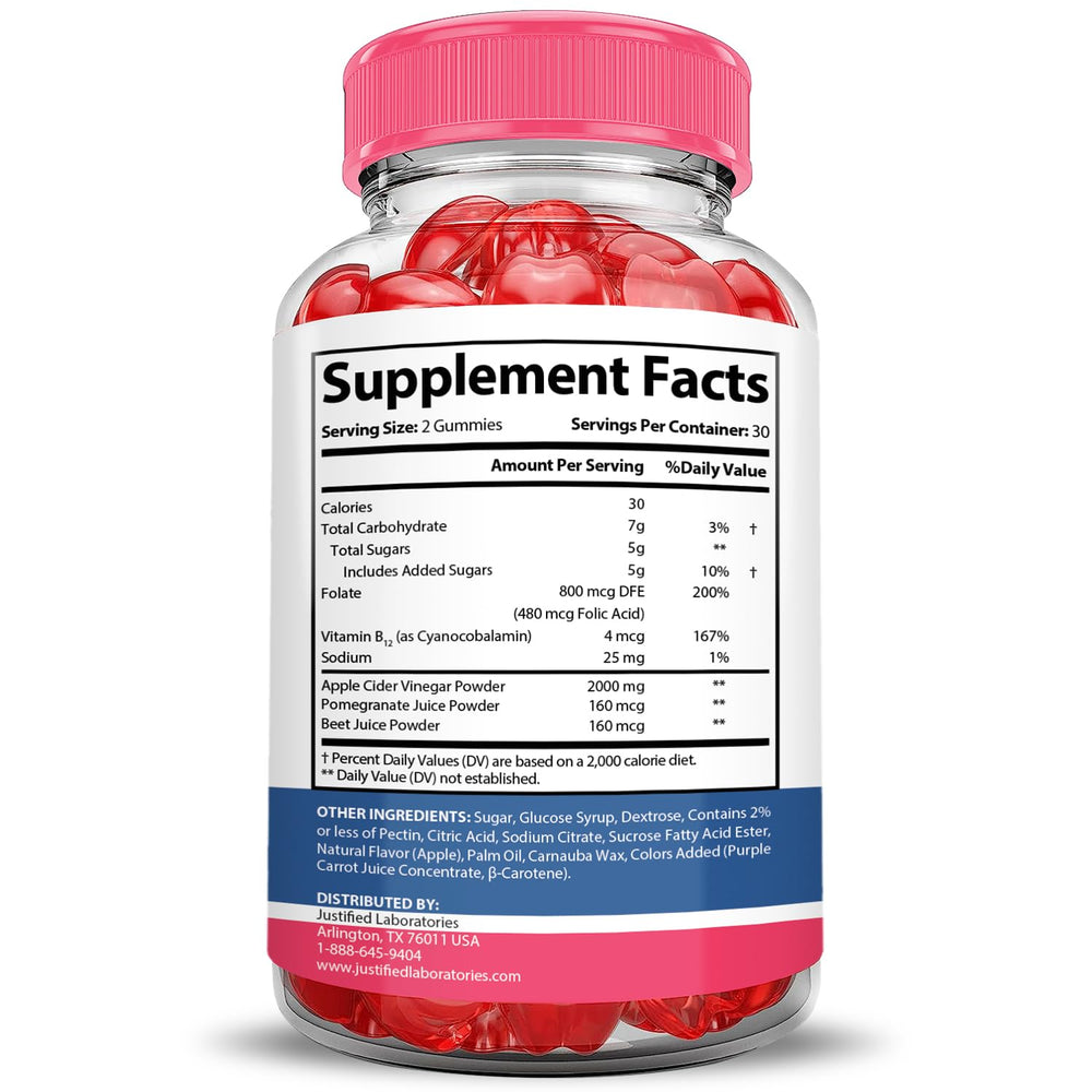 Justified Laboratories Liberty Bites Keto ACV Gummies label highlights pomegranate beet juice powder.