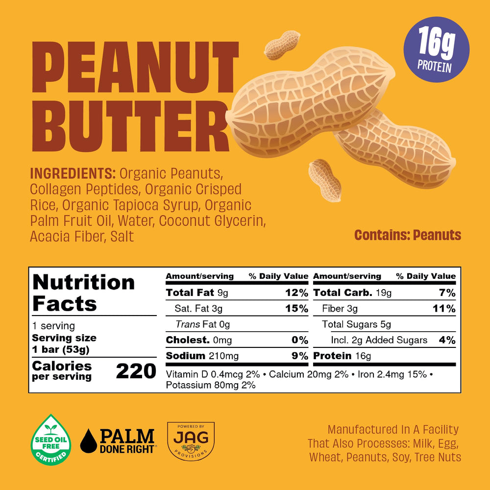 JUSTNOSH bar nutrition glance emphasizes 10g collagen and 15g protein per bar.
