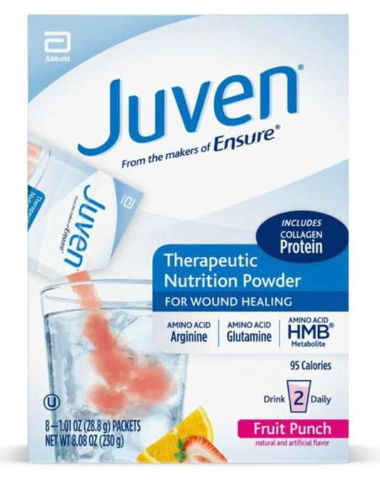 Juven fruit punch box showing eight packets for convenient daily use