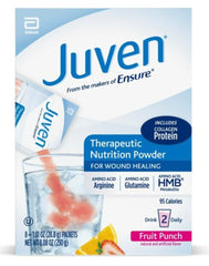 Juven fruit punch box showing eight packets for convenient daily use