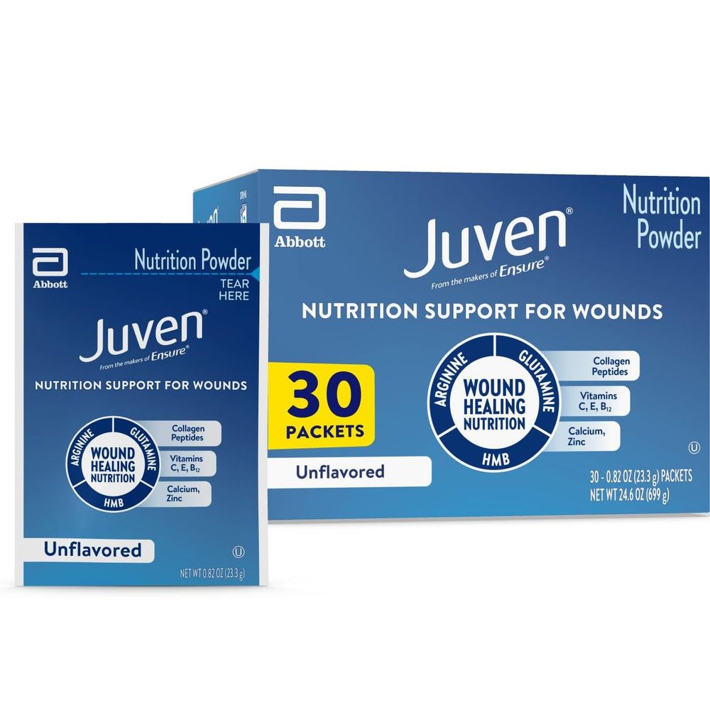 Juven therapeutic nutrition powder unflavored pack showing convenient daily use for wound support