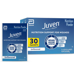 Juven therapeutic nutrition powder unflavored pack showing convenient daily use for wound support