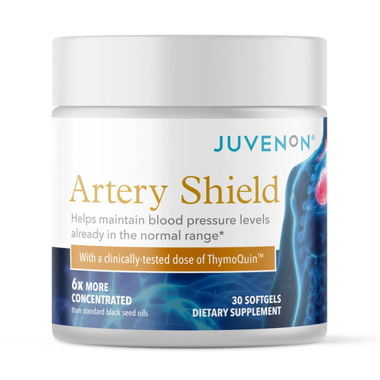 Juvenon Artery Shield bottle with label highlights circulation support and vitality.