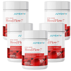Juvenon BloodFlow-7 bottle front view highlighting the Nitrosigine and S7 formulation for daily circulation.
