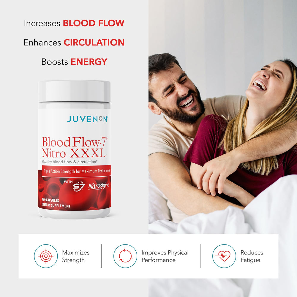 Juvenon BloodFlow-7 capsules close-up showing convenient daily nitric oxide support.