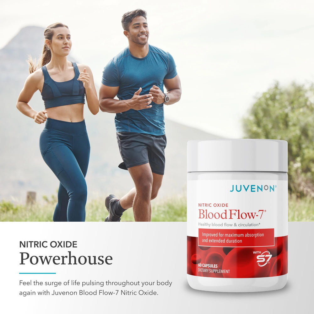 Juvenon BloodFlow-7 lifestyle scene with gym gear and hydration.