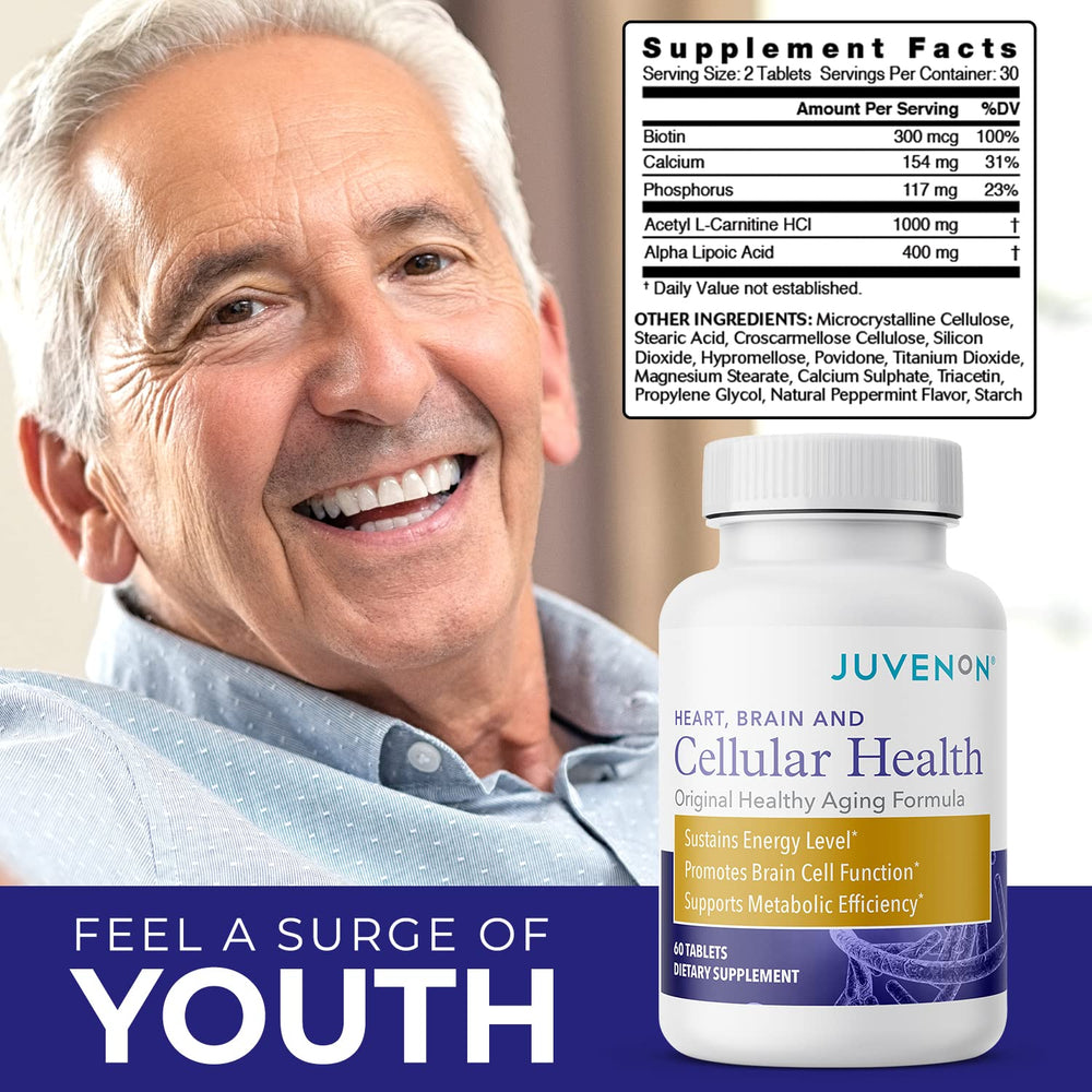 Juvenon Cellular Health packaging display featuring bottle and box.