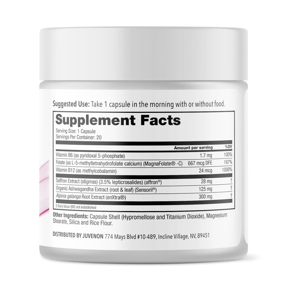 Juvenon menopause mood-support capsules close-up for mood balance and daily energy