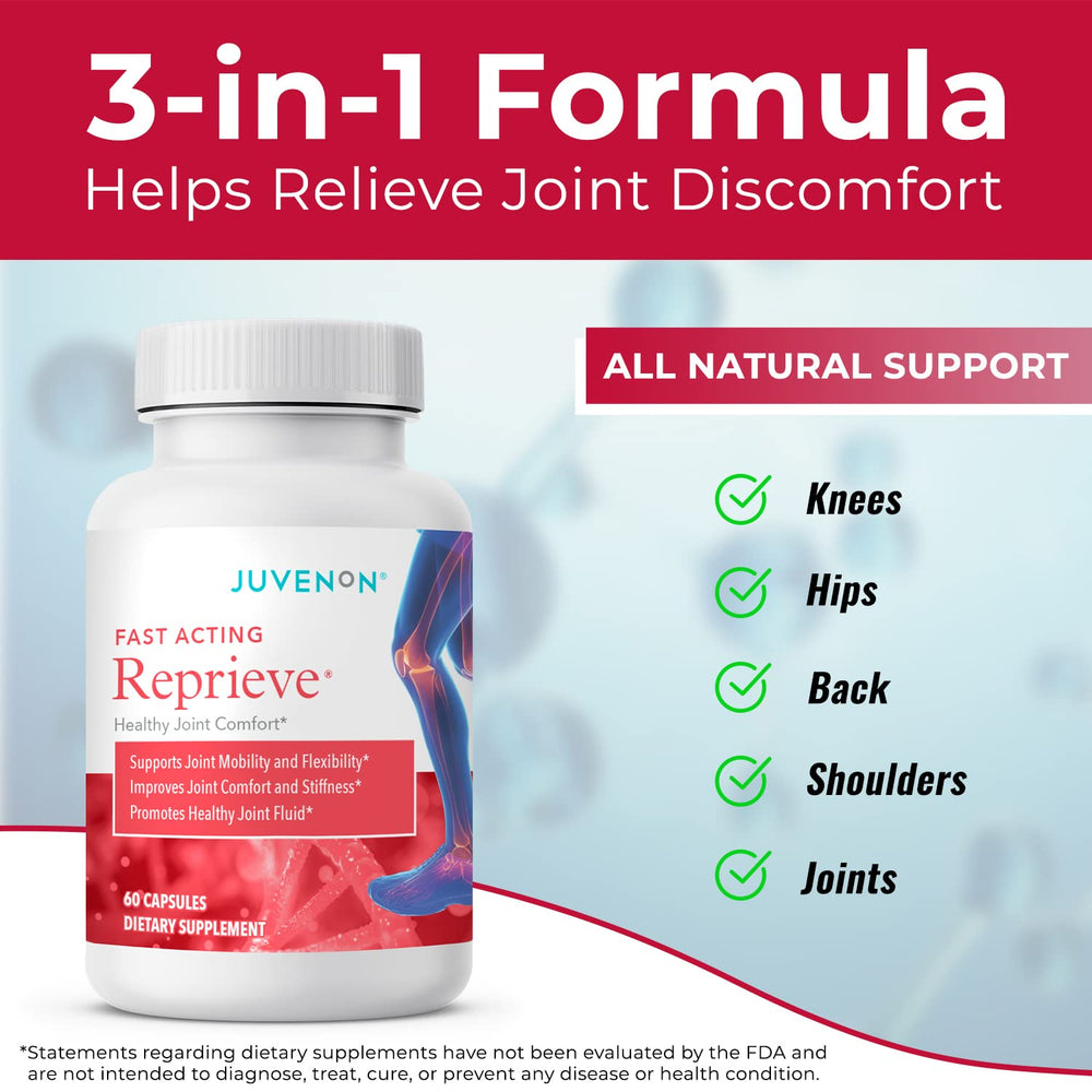 Juvenon Reprieve bottle on desk illustrating long-lasting joint comfort for activity.