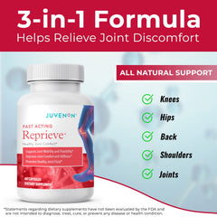 Juvenon Reprieve bottle on desk illustrating long-lasting joint comfort for activity.