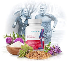 Juvenon Reprieve pouring capsules to illustrate easy daily dosing.