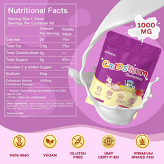 JUYIHEAL Colostrum Gummies raspberry bottle back; premium grass-fed nutrition for vitality.