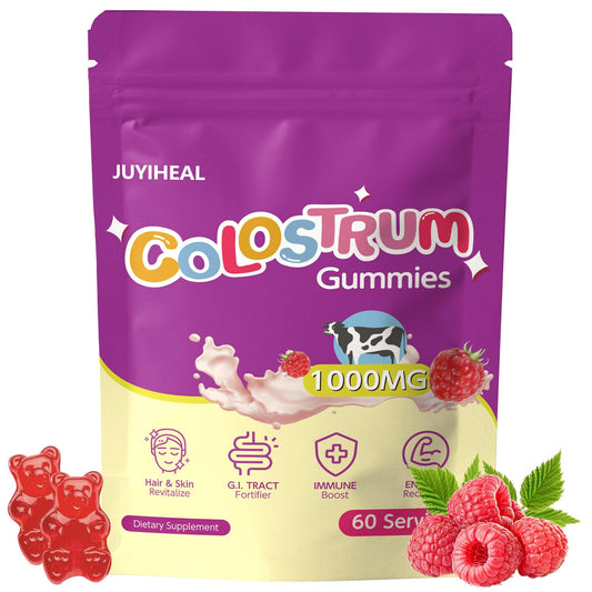 JUYIHEAL Colostrum Gummies raspberry bottle front; convenient daily immune support.