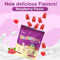 JUYIHEAL Colostrum Gummies raspberry bottle side view; convenient daily supplement.