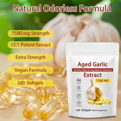 Closeup of JXSVR aged garlic extract softgels showing odorless capsules