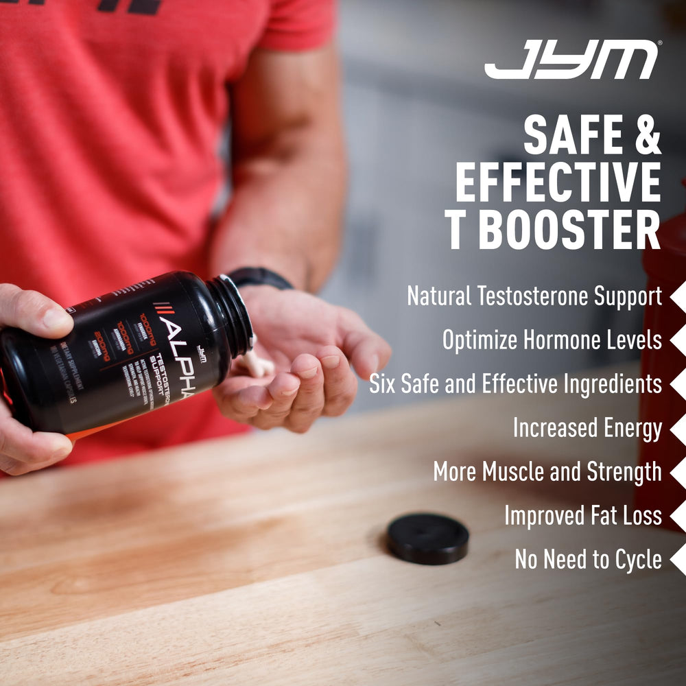 Alpha JYM bottle beside workout gear conveys energy and focus.