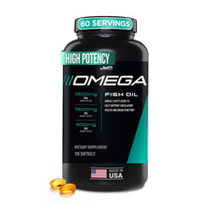 JYM Omega Fish Oil bottle highlighting high potency DHA and EPA per serving